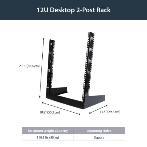 StarTech.com 2-Post 12U Desktop Server Rack, Small Open Frame 19in Computer Rack, Compact Network Rack for AV / Studio / Data / IT Equipment - Free Standing Two-Post Home/Office Rack