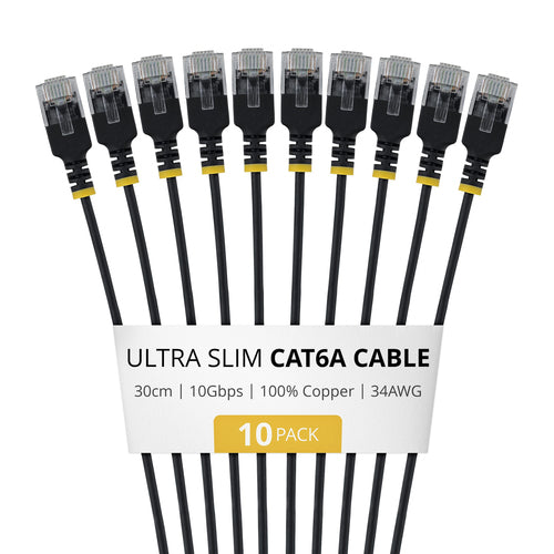 StarTech.com 30cm Black Ultra Slim Cat6A Ethernet Cable, 10 pack, UTP, Pure Bare Copper Wire, 34AWG Ultra Slim RJ45 Network Patch Cord, Individually Tested