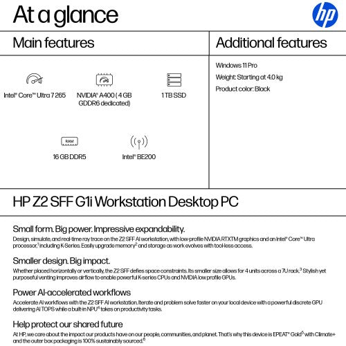 HP Z2 SFF G1i Intel Core Ultra 7 265 16 GB DDR5-SDRAM 1 TB SSD NVIDIA RTX A400 Windows 11 Pro Workstation AI Workstation, AI PC Black