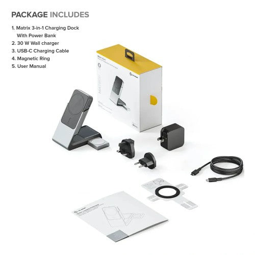 ALOGIC Matrix+ 3-in-1 Magnetic Charging Dock with Apple Watch Charger for iPhone 16-12 , Apple Watch, Airpods , Charging Station for Apple Devices with 5000mAH Wireless Power Bank & 30W Multi Country Power Adapter.