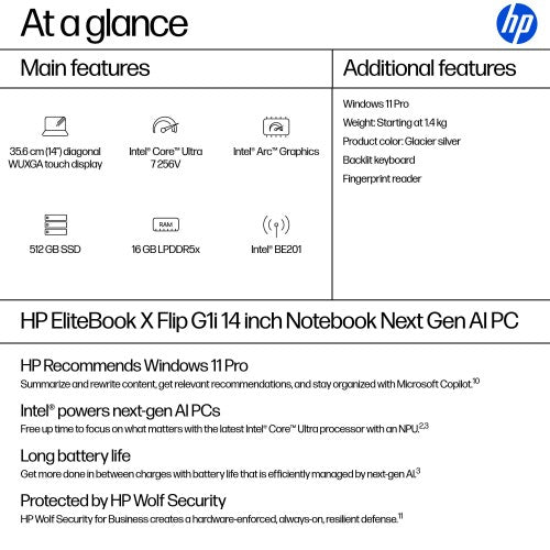HP EliteBook X Flip G1i Next Gen AI PC Copilot+ PC Intel Core Ultra 7 256V Hybrid (2-in-1) 35.6 cm (14") Touchscreen WUXGA 16 GB LPDDR5x-SDRAM 512 GB SSD Wi-Fi 7 (802.11be) Windows 11 Pro Silver