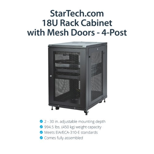 StarTech.com 18U Enterprise-Grade Server Rack Cabinet Kit, 19in Enclosed 4-Post Rack with Shelf and Cable Management, 29in (75cm) Mounting Depth, 992lb (450kg) Capacity