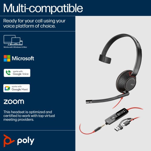 HP Poly Blackwire 5210 Monaural USB-C Headset +3.5mm Plug +USB-C/A Adapter
