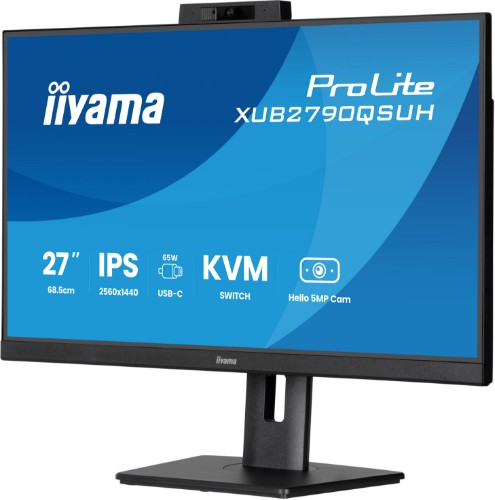 iiyama ProLite 27’’ IPS QHD monitor with a built-in Windows Hello camera and microphone, USB-C, KVM-Switch and height adjustable stand