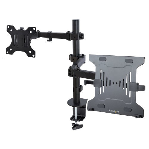 StarTech.com Monitor Arm with VESA Laptop Tray, For a Laptop (4.5kg/9.9lb) and a Single Display up to 32" (17.6lb/8kg), Black, Vented Tray, Adjustable Laptop Arm Mount, C-clamp/Grommet Mount