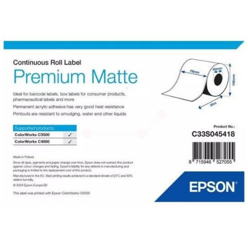 Epson C33S045418 Continous label roll matt Premium 76mm x 35m Pack=1 for Epson TM-C 3500