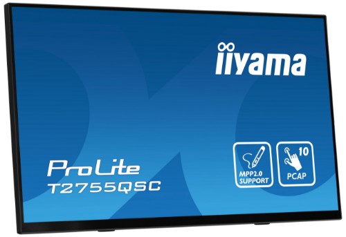 iiyama ProLite 27” Optical Bonded PCAP 10pt IPS Touchscreen monitor with edge-to-edge glass, active stylus support (MPP 2.0), anti-fingerprint coating and a flexible stand