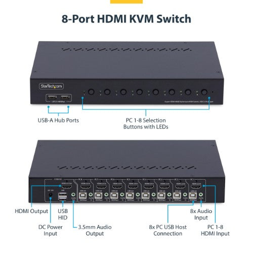 StarTech.com 8-Port HDMI KVM Switch with 1U Rack Mount Kit, 4K 60Hz HDMI 2.0, Push-Button & Hotkey Switching, 4-Port USB Hub, OS Independent, TAA Compliant