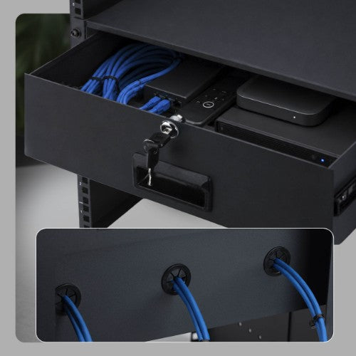 StarTech.com 2U Steel Lockable 19in Rackmount Drawer for AV, Network, Server Cabinets, 22lb (10kg) Capacity, Rear Cable Pass-through Holes, Keys Included