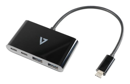 V7 USB-C Male to 2 x USB A Female, 2 x USB-C Female Hub USB 3.2 Gen1 5Gbps Black