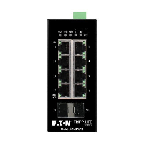 Tripp Lite NGI-U08C2 8-Port Unmanaged Industrial Gigabit Ethernet Switch - 10/100/1000 Mbps, 2 GbE SFP Slots, -40° to 75°C, DIN Mount