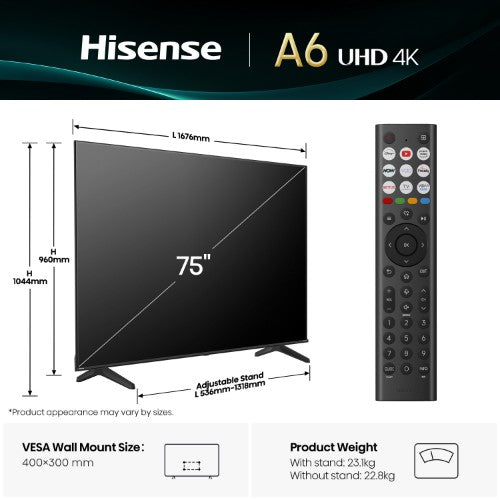 Hisense 75" A6QTUK 4K Ultra HD Smart TV with Freely