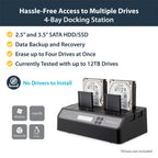 StarTech.com 4-Bay Hard Drive Duplicator and Eraser, Standalone 1:3 SATA HDD/SSD Cloner/Copier, USB 3.0 / eSATA to SATA Docking Station, Hard Drive Duplicator and Sanitizer Dock, Toolless / Top-Loading Design