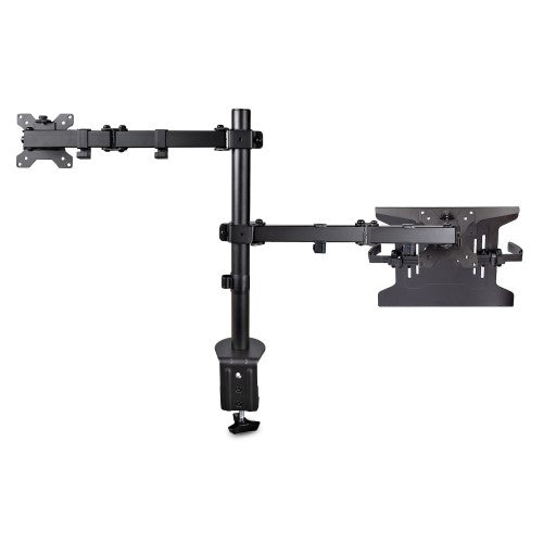 StarTech.com Monitor Arm with VESA Laptop Tray, For a Laptop (4.5kg/9.9lb) and a Single Display up to 32" (17.6lb/8kg), Black, Vented Tray, Adjustable Laptop Arm Mount, C-clamp/Grommet Mount