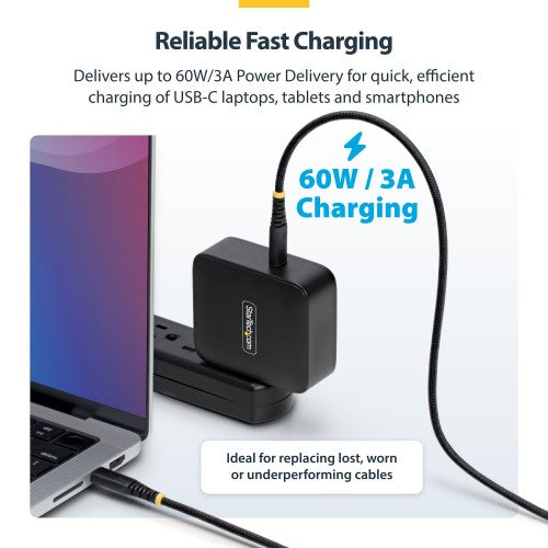 StarTech.com 1m (3ft) USB-C Charging Cable, 60W (3A) PD, Dual-Layer Braided Nylon/TPE Jacket, Rugged USB C Charging Cord, USB 2.0 Laptop Charger Cable