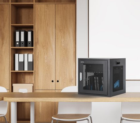 Manhattan Laptop Charging Cabinet Desktop via AC Adapter (UK) x10 Bay, Install device's AC Adapter (power cables) into unit, Suitable for ALL laptops (to 15.6"), iPads, MacBooks, Chromebooks, other USB-C devices, Bays 380x30x280mm, Cart, Lockable