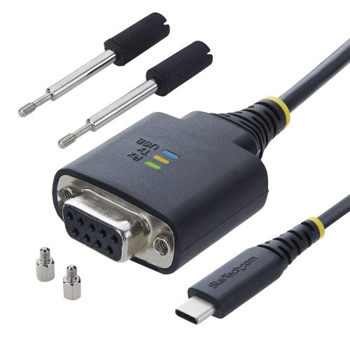 StarTech.com 6.6ft (2m) USB-C to Null Modem Serial Adapter Cable, COM Retention, FTDI, Type-C to Female DB9 RS232, Status LEDs, Interchangeable DB9 Screws and Nuts