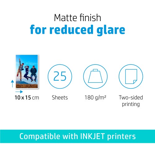 HP Matte Photo Paper, 180 g/m2, 10 x 15 cm (101 x 152 mm), 25 sheets
