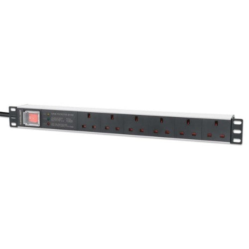 Intellinet 19" 1U PDU 6-way UK, With switch and Surge Protection, Rackmount, Power Distribution Unit, UK 3-pin outlets, 3m power cord, output