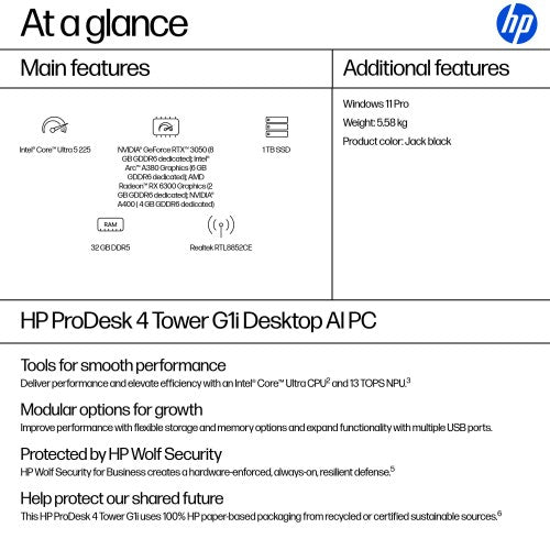 HP ProDesk 4 Tower G1i Desktop AI PC Intel Core Ultra 5 225 32 GB DDR5-SDRAM 1 TB SSD Windows 11 Pro Black