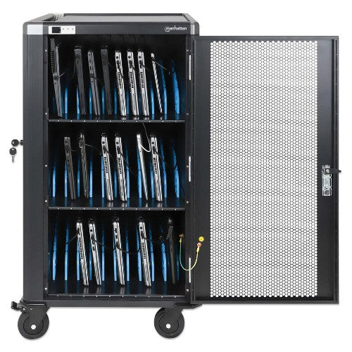 Manhattan Laptop Charging Cart/Trolley via AC Adapter (UK) x30 Bay, Install device's AC Adapter (power cables) into unit, Suitable for ALL laptops (to 15.6"), iPads, MacBooks, Chromebooks, other USB-C devices, Bays 380x30x280mm, Cabinet, Lockable