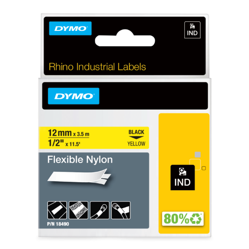 Dymo 18490/S0718080 Ribbon Nylon flexible black on yellow 12mm x 3,5m for Dymo Rhino 6-12mm/19mm/24mm
