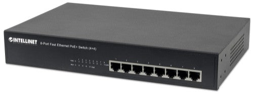 Intellinet 8-Port Fast Ethernet PoE+ Switch, 4 x PoE IEEE 802.3at/af Power-over-Ethernet (PoE+/PoE) ports, 4 x Standard RJ45 Ports, Endspan, Desktop, 19" Rackmount (UK power cord)