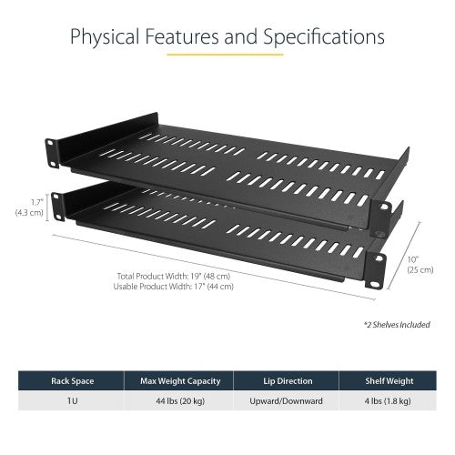 StarTech.com 2-Pack 1U Server Rack Shelf, Vented Rackmount Cantilever Tray for 19" Network Rack or Cabinet, Heavy-Duty 10" (25cm) Deep, Up to 44lb (20kg) Each
