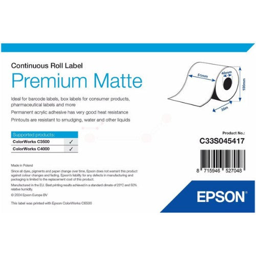 Epson C33S045417 Continous label roll matt Premium 51mm x 35m Pack=1 for Epson TM-C 3500