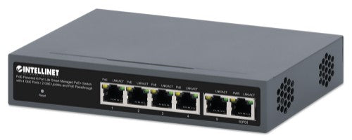 Intellinet PoE-Powered 6-Port Lite Smart Managed PoE+ Switch with 4 GbE Ports / 2 GbE Uplinks and PoE Passthrough (with UK power cord)