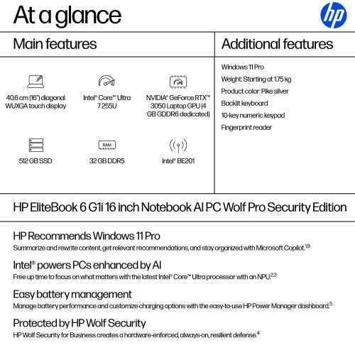 HP EliteBook 6 G1i 16 inch Notebook AI PC Wolf Pro Security Edition Intel Core Ultra 7 255U Laptop 40.6 cm (16") Touchscreen WUXGA 32 GB DDR5-SDRAM 512 GB SSD Wi-Fi 7 (802.11be) Windows 11 Pro Silver