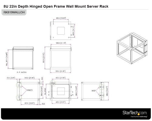StarTech.com 4-Post 8U Hinged Wall-Mount Network Rack, 19" Open Frame Server Rack with 19.8in Mounting Depth, Wall Mount Swing Out Data Rack for IT / AV / Patch Panel / Computer Equipment