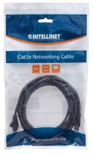 Intellinet Network Patch Cable, Cat5e, 3m, Black, CCA, U/UTP, PVC, RJ45, Gold Plated Contacts, Snagless, Booted, Lifetime Warranty