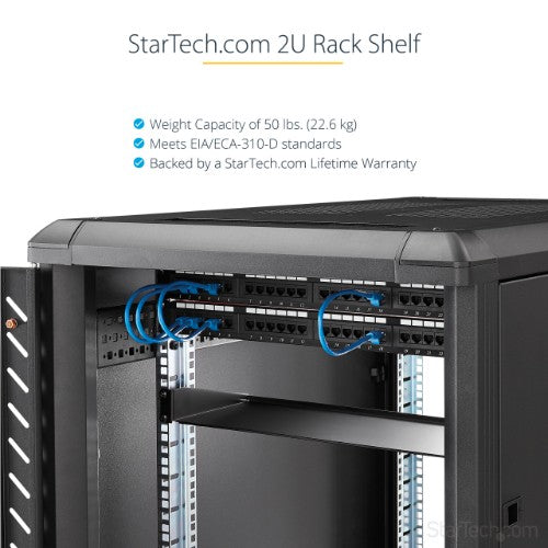 StarTech.com 2U Server Rack Shelf - Universal Rack Mount Cantilever Shelf for 19" Network Equipment Rack & Cabinet - Heavy Duty Steel – Weight Capacity 50lb/23kg - 22" Deep Tray, Black - TAA