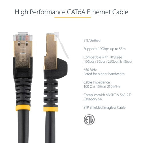 StarTech.com 0.50m CAT6a Ethernet Cable - 10 Gigabit Shielded Snagless RJ45 100W PoE Patch Cord - 10GbE STP Network Cable w/Strain Relief - Black Individually Tested/Wiring is UL Certified/TIA