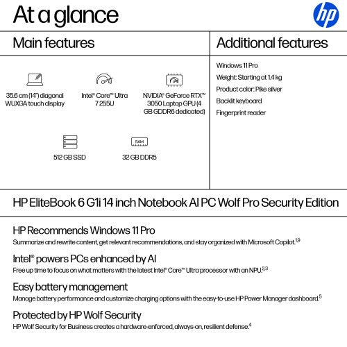HP EliteBook 6 G1i AI Wolf Pro Security Edition Intel Core Ultra 7 255U Laptop 35.6 cm (14") Touchscreen WUXGA 32 GB DDR5-SDRAM 512 GB SSD Windows 11 Pro AI PC Silver