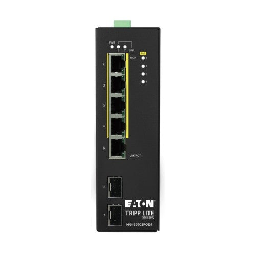 Tripp Lite NGI-S05C2POE4 5-Port Lite Managed Industrial Gigabit Ethernet Switch - 10/100/1000 Mbps, PoE+ 30W, 2 GbE SFP Slots, -10° to 60°C, DIN Mount