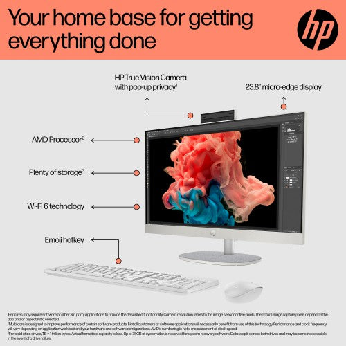 HP All-in-One 24-cr0003na AMD Ryzen™ 5 7520U 60.5 cm (23.8") 1920 x 1080 pixels All-in-One PC 8 GB LPDDR5-SDRAM 512 GB SSD Windows 11 Home Wi-Fi 6 (802.11ax) White