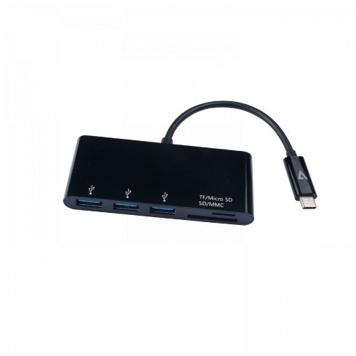 V7 Black USB Adapter USB-C Male to 3 x USB 3.0 A Female, Micro SD, SD/MMC
