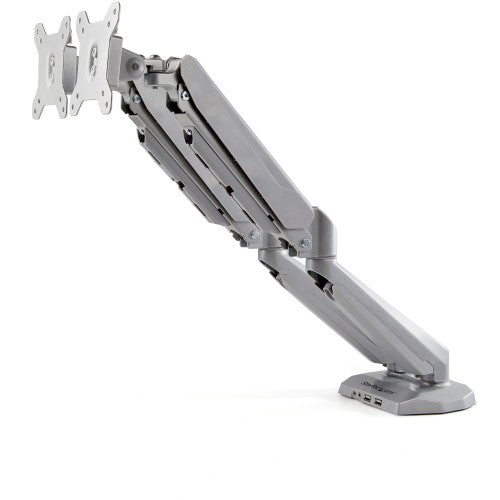StarTech.com Desk Mount Dual Monitor Arm with USB & Audio, Desk Clamp VESA Mount for up to 32" (17.6lb/8kg) Displays, Ergonomic Full Motion Dual Monitor Arm - Silver