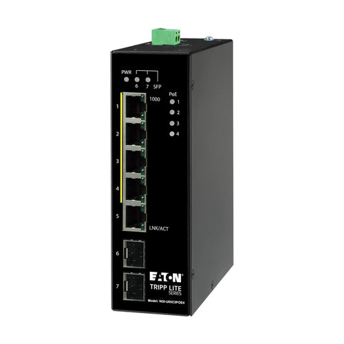 Tripp Lite NGI-U05C2POE4 5-Port Unmanaged Industrial Gigabit Ethernet Switch - 10/100/1000 Mbps, PoE+ 30W, -10° to 60°C, 2 GbE SFP Slots, DIN Mount