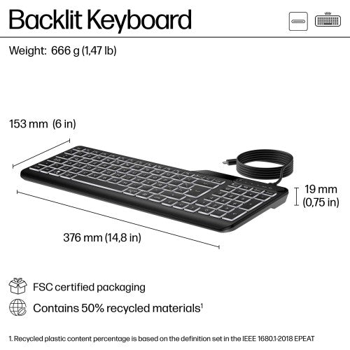 HP 405 Multi-Device Backlit Wired Keyboard