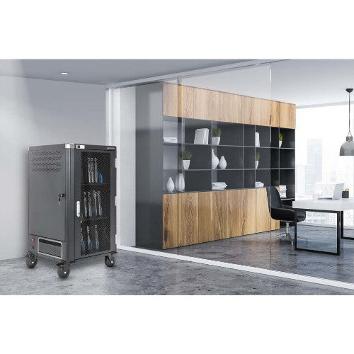 Manhattan Laptop Charging Cart/Trolley via AC Adapter (UK) x30 Bay, Install device's AC Adapter (power cables) into unit, Suitable for ALL laptops (to 15.6"), iPads, MacBooks, Chromebooks, other USB-C devices, Bays 380x30x280mm, Cabinet, Lockable