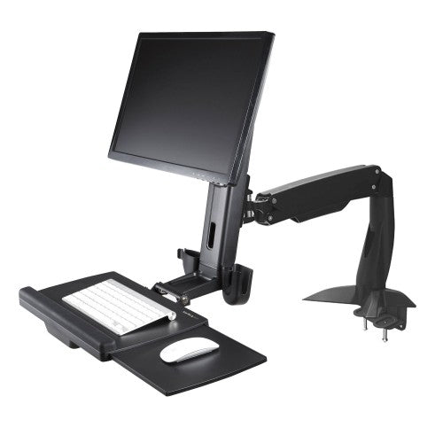 StarTech.com Sit Stand Monitor Arm - Desk Mount Adjustable Sit-Stand Workstation Arm for Single 27" VESA Mount Display - Ergonomic Articulating Standing Desk Converter with Keyboard Tray - TAA