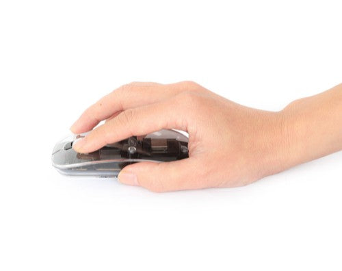 Manhattan Transparent Rechageable Wireless Mouse, Clear/Black, Adjustable 800/1200/1600dpi, With RGB LED light, 2.4Ghz (effective range up to 10m), USB, Optical, Ambidextrous, Four Button with Scroll Wheel, Slim Design, USB-A micro receiver, Lithium Ion b