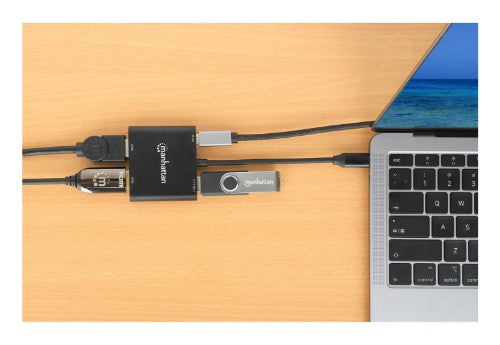 Manhattan USB-C to Dual HDMI & USB-A Adapter, Dual 4K@30Hz or Single 4K@60Hz, Power Delivery 100W, 480 Mbps (USB 2.0), Cable 15cm, Black, Male to Female, Three Year Warranty