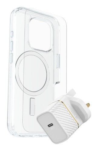 OtterBox Symmetry Series Clear for MagSafe + Premium Glass + Fast Charge Wall Charger USB-C 30W Type G for Apple iPhone 16 Pro