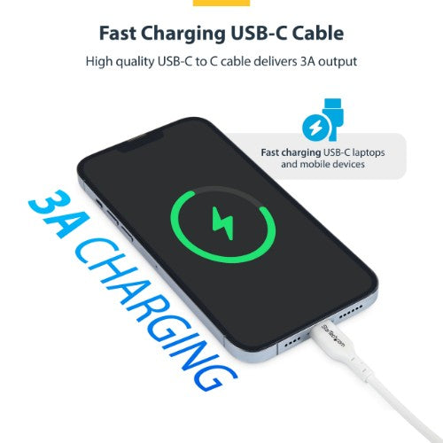 StarTech.com 10ft (3m) USB-C Charging Cable, Charge & Sync, 60W (3A) PD, USB 2.0 Laptop Charger Cable, TPE Jacket - White USB C Charging Cord