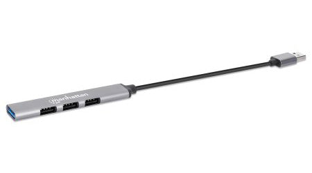 Manhattan USB-A 4-Port Hub, 4x USB-A Ports (1x 5 Gbps USB 3.2 Gen1 aka USB 3.0, 3 x 480 Mbps USB 2.0), Bus Powered, Aluminium, Space Grey, Three Year Warranty