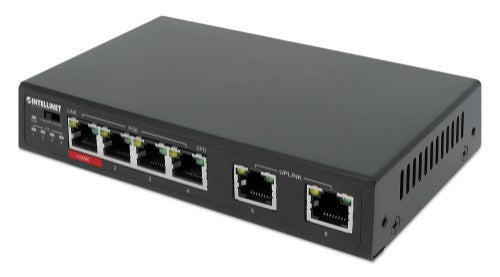 Intellinet 6-Port Fast Ethernet Switch with 4 PoE Ports (1 x High-Power PoE), One High-Power 60 W PSE PoE Port, Three IEEE 802.3at/af PSE PoE Ports, PoE Power Budget of 65 W, PoE Extend Mode, Two RJ45 Uplink Ports, VLAN